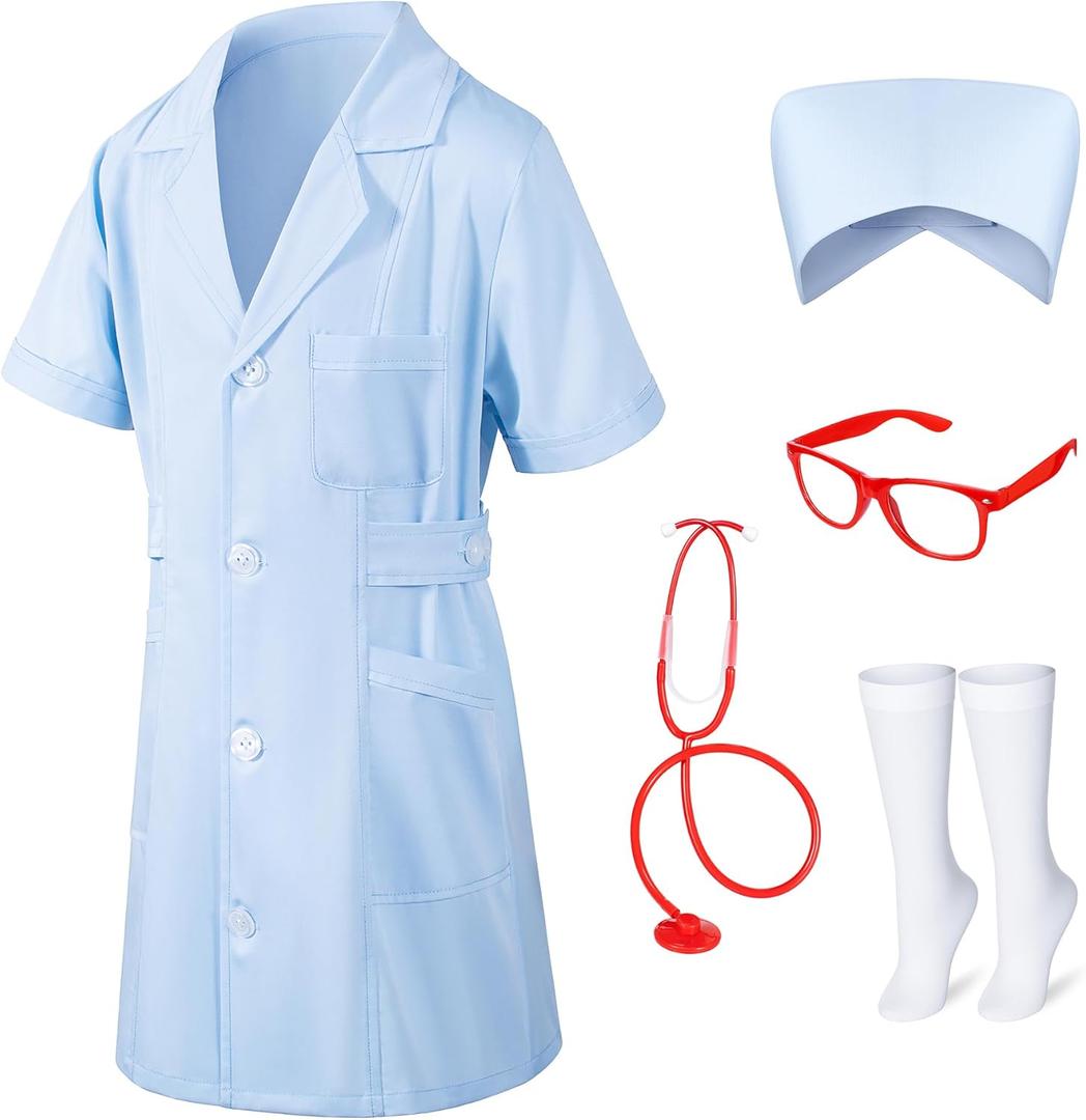 TOKYO REVENGERS Girls Halloween Nurse Set Doctor Outfit Lab Coat Nurse Hat Cosplay Party Costume With Accessories (6-7 Years, Blue)