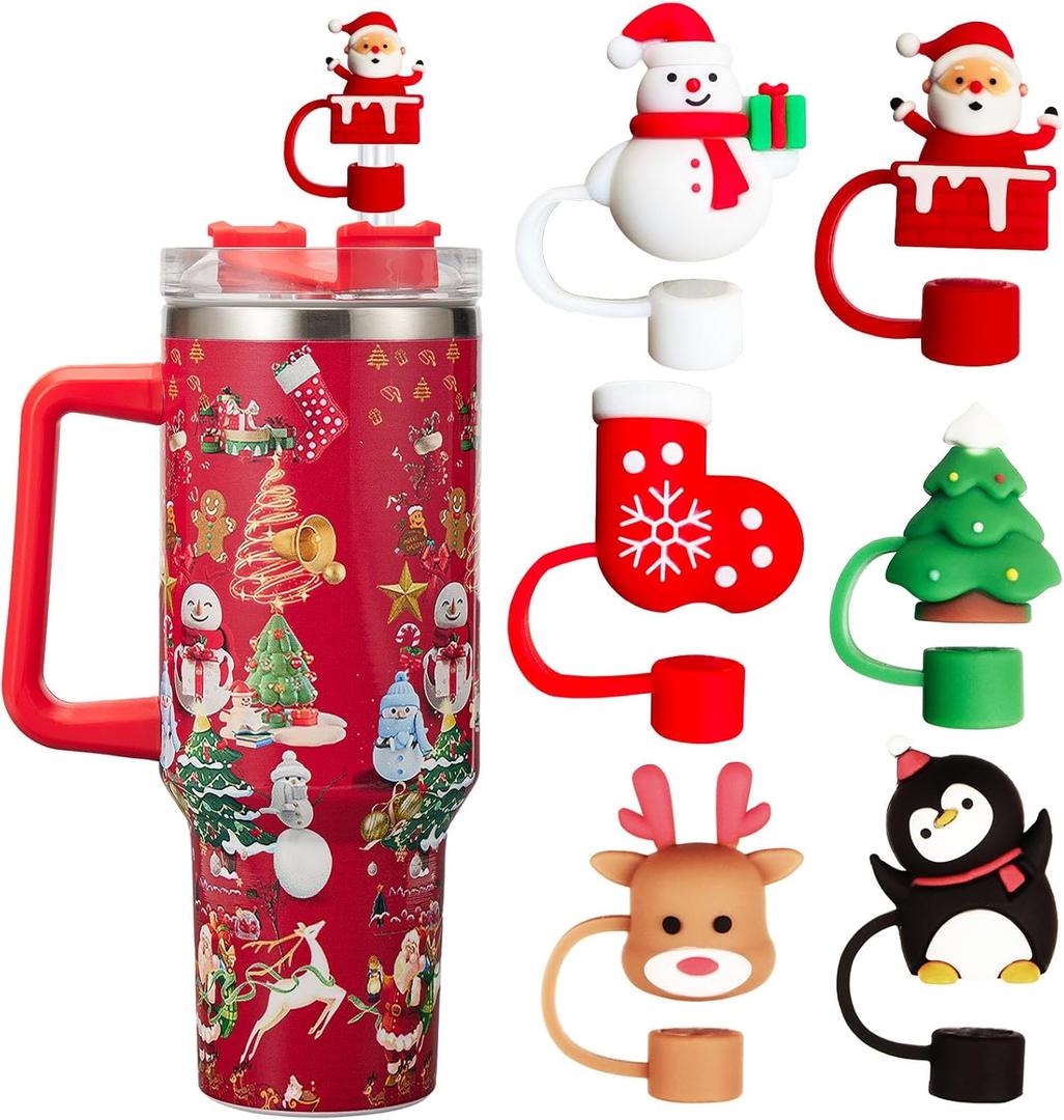 3 x 6PCS Christmas Straw Cover Cap for Stanley Cup, Silicone Straw Topper for Stanley 30&40 Oz Tumbler with Handle, 10mm Drinking Straw Tip Covers for Christmas Gifts. (Color 2)