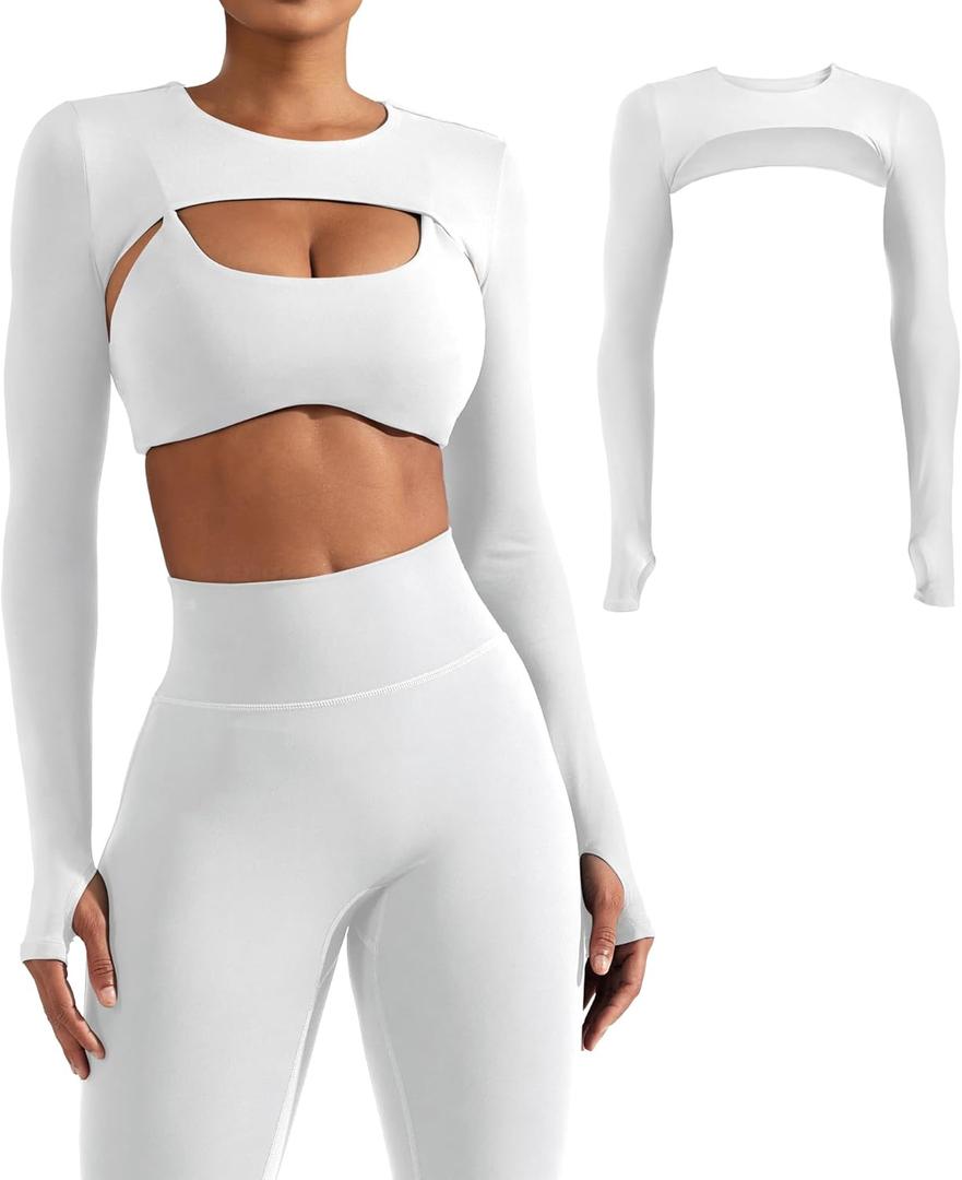YEOREO Women Crop Top Long Sleeve Bolero Open Front Workout Cropped Shirts Sports Shrug (White, L)