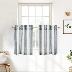 DriftAway Kitchen Tier Curtains - Striped Linen Short Pinstripe Cafe Curtains 24 Inch Length for Living Room Bathroom Chris Farmhouse Rustic Rod Pocket 2 Panels Ivory Dark Blue