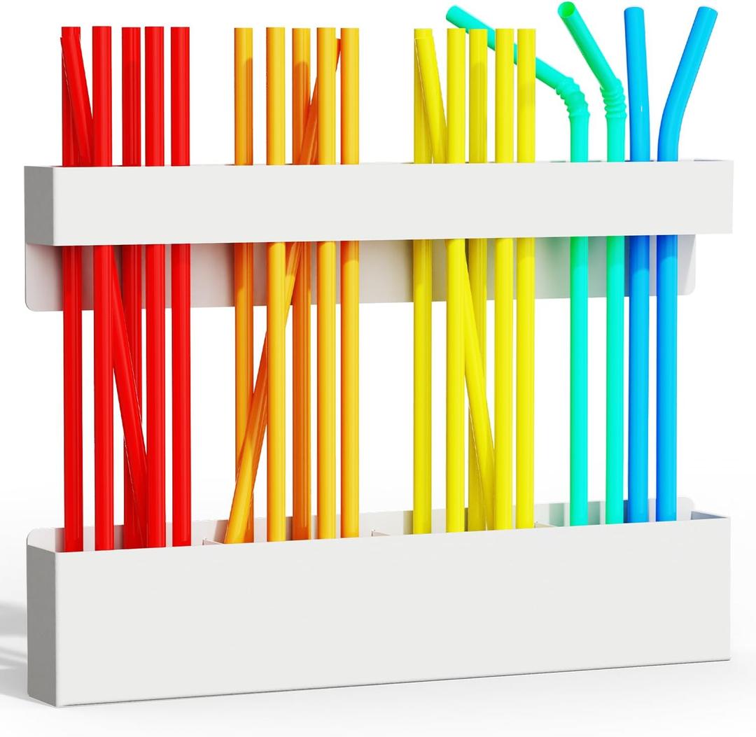 Metal Straw Holder for Cabinet Door with Magnetic and Double Sided Adhesive Tape,Reusable Tumbler Straw Organizer Storage for Refrigerator,Kitchen Accessories Container (White)