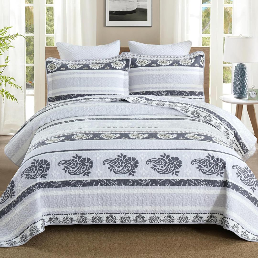 Purple Queen Size Comforter,Cotton Quilt Set,Paisley Bedding Striped Bed Set with 2 Pillow Shams 100% Cotton Reversible Bedspread All Seasons,Lightweight Soft 3 Piece