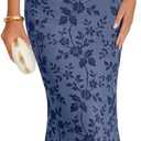 MEROKEETY Women Summer Floral Bodycon Maxi Dress 2026 Spring Wedding Guest Square Neck Short Sleeve Mesh Cocktail Party Dress (Large, Dusty Blue)
