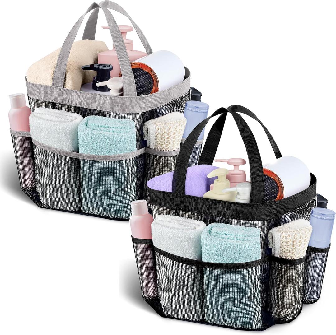 Attmu Mesh Shower Caddy Portable for College Dorm Room Camping Essentials, Shower Caddy Dorm with 9-Pockets, Large Capacity Hanging Basket Bathroom Bag for Toiletry, Swimming, Gym, Camp, Beach (Black Grey)