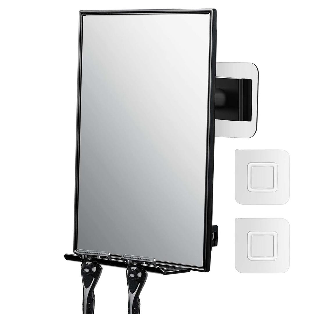 LFOYOU Shower Mirror for Shaving & Washing Your Face with a Squeegee - Built-in Two Razor Holder, 360Rotation Adjustable Shaving Bathroom Mirror - Easy Install, Home Shower Accessory(Not Fogless)