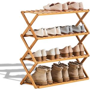 2 to 5 Tier Shoe Rack, Multi Tier Foldable Bamboo Shoe Organizer Rack Multifunctional Storage Free Standing Shoe Shelf. (4 Tier (27 feet Wide))