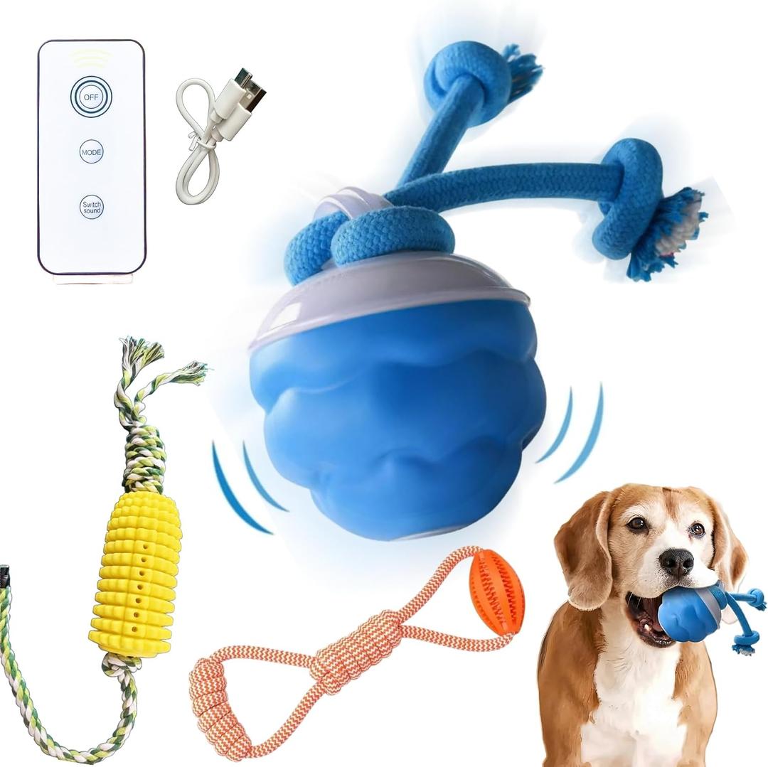 Interactive Dog Ball, 2026 Upgraded Motion Activated Automatic Rolling Ball with Remote Control, Self-Moving Pet Ball for Training Pets Toy, Free Chew Corn & Rope Toy Included
