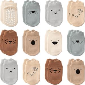 Baby Toddler Socks Grip Non Slip Boys Girls Cotton 12 Pack for Kids Ankle Cute Socks 6M-7Years (3-5T, Animals5)
