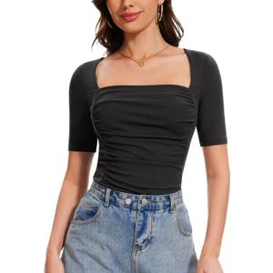 Amoretu Women's 2025 Ruched 1/2 Sleeve T-Shirts Square Neck Fitted Going Out Tops (Black, M)