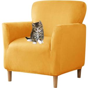 Stretch Chair Covers with Arms 1-Piece Banquet Armchair Slipcover Velvet Mid Century Modern Armchair Slipcover Anti-Slip Furniture Protector for Living Room Friendly for Kids Pets (Yellow)