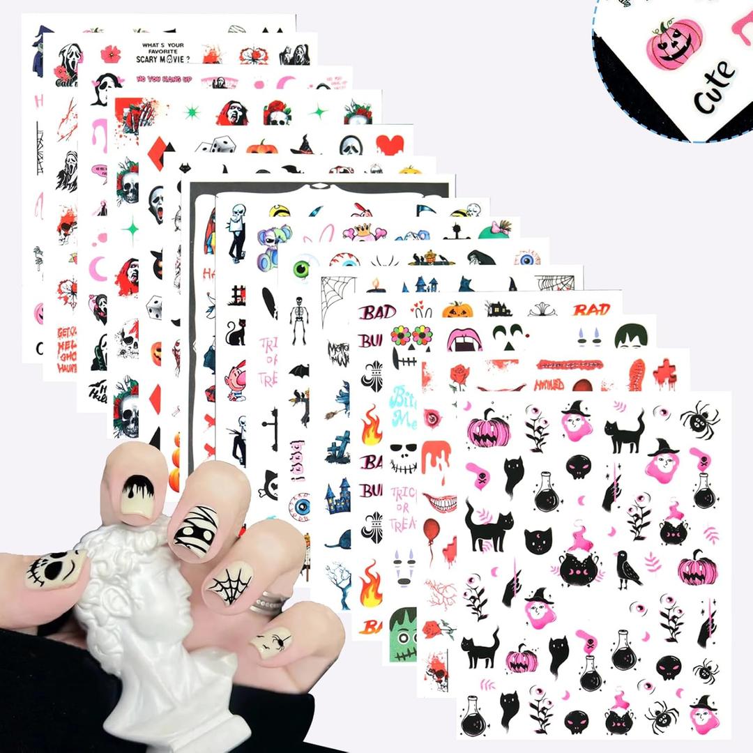 5 x SIUSIO 15 Sheets Halloween Nail Art Stickers Cute Pumpkin Skull Ghost Party Theme 3D Self-Adhesive Horror Witchy Bat Poker Nail Decals Nail Supplies DIY Nail Stickers for Women Girls Kids Decor