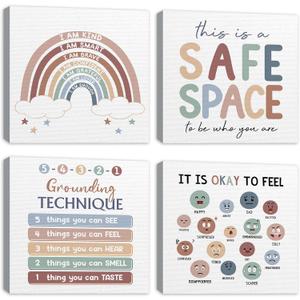 Maitys Pack of 4 Calm Down Corner Canvas Wall Decor Calming Classroom Boho Poster Framed Hanging Wall Art Supplies Kids Items for School Therapy Counselor Office Classroom Reading Room, 12 x 12 Inch