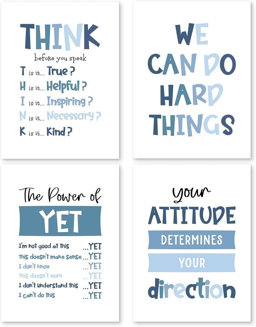 PUHEI Inspirational Boys Room Wall Art Prints Set of 4, Blue Positive Affirmations Wall Posters Decor for Boys Kids Room Nursery, Motivational Mental Health Poster Prints (12 x 16 Inches Unframed)
