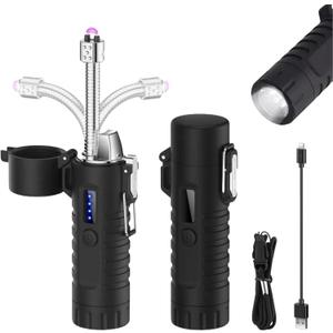 Electric Lighter, Flexible Neck Plasma Arc Lighter, USB C Rechargeable Lighters, Windproof and Waterproof Lighters with Flashlight for Candles, Hiking, Camping, Outdoor Adventure (Black)