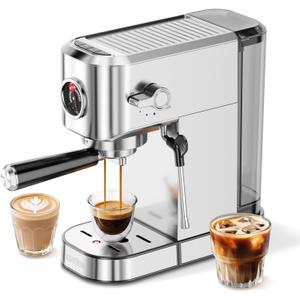 20Bar Espresso Machine, Compact Espresso Maker with Milk Frother, Stainless Steel Coffee Machine for Cappuccino&Latte, 42oz Water Tank, Visible Pressure Gauge, Home&Office, Silver