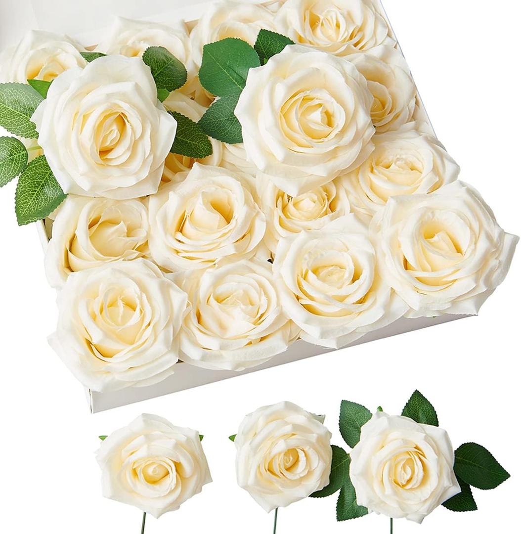 Roses Artificial Flowers Artificial Roses Fake Rose Silk Rose Fake Flowers with Stems for DIY Wedding Bouquets Party Tables Centerpieces Floral Arrangements (16, Ivory)