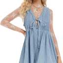 Women's Denim Romper Casual Summer Sleeveless Jean Romper Tie Front V Neck Ruffle Jean Short Overall With Pockets (Blue, L)