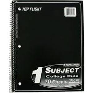 Top Flight Spiral Notebook, 1 Subject, 70 Wide Ruled Sheets , Black