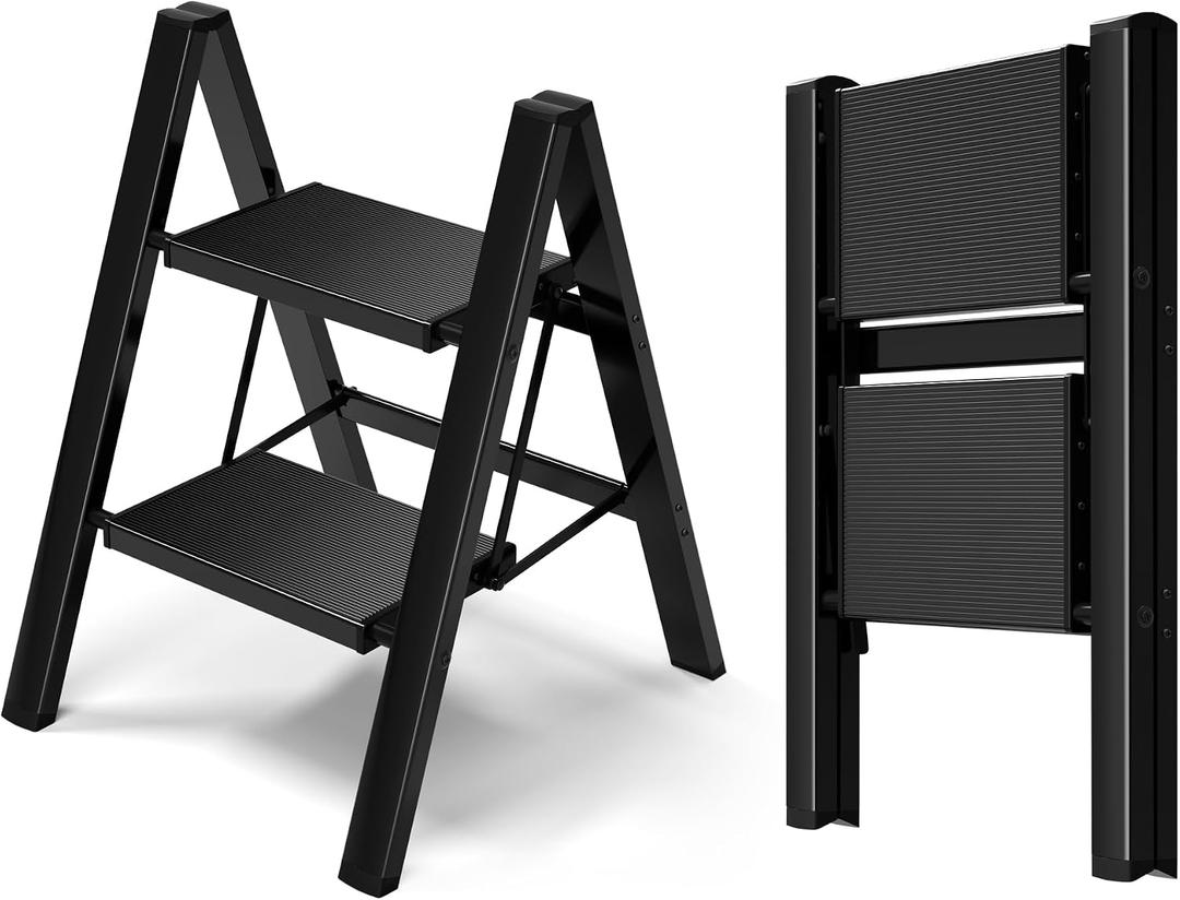 HillhutApex 2 Step Ladder, Lightweight Portable 2 Step Stool with Anti-Slip Wide Pedal, 330lbs Capacity Aluminum Ladder for Household, Office, Library (Black)
