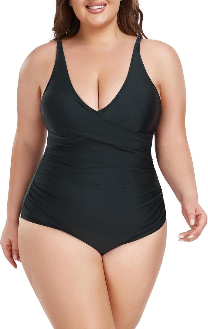 Ocean Blues Women's Plus Size Tummy Control One Piece Bathing Suit Punging Neckline One Piece Swimsuit Ruched Swimwear (XX-Large Plus, Black)