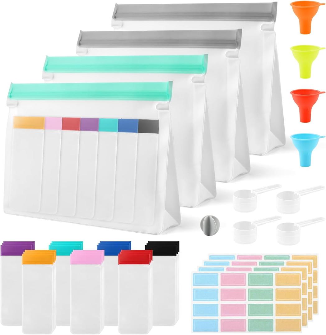 Protein Powder Travel Container Set, Reusable Protein Powder Container To Go, 28Pcs Single Dose Bags & 4Pcs Large Zip Bags, with Funnel, Spoon,Stirring Ball