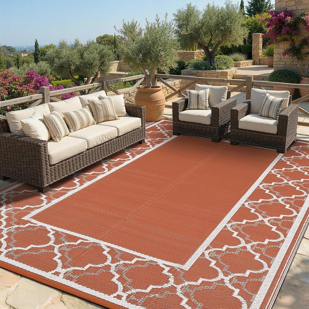 Garvee Reversible Outdoor Rug 10x14, Waterproof Outdoor Plastic Straw Rug with Interlacing Pattern, RV Mat for Picnics, Patio, Camping, Balcony, Deck, Backyard, Porch, Orange