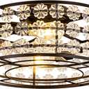 Black Modern Flower Crystal Fandelier with Light and Remote, Rustic Caged Ceiling Fan Flush Mount, Low Profile Ceiling Fans with Lights, 6-Speed Reversible for Bedroom, Girls Room, Living Dining Room