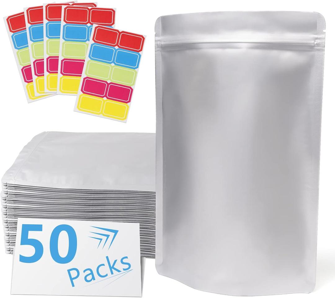 50 Pack 8.6 Mil 6''x9'' Mylar Bags for Long-term Food Storage with 50 Labels, Resealable Smell Proof Heat Sealable Bags for edible packaging, Strong Sealing Stand-up Foil Pouch Bag for Tea Dry Food