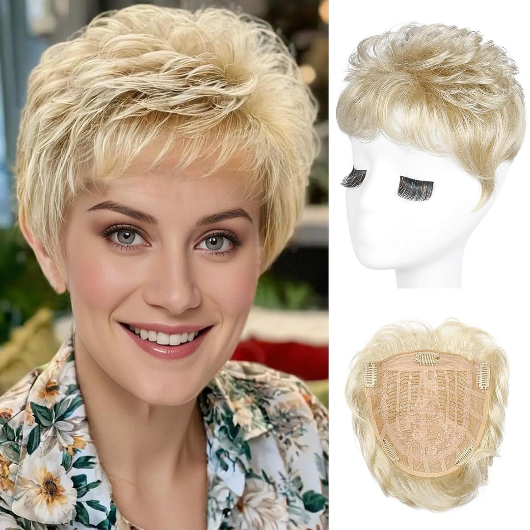 REECHO Hair Topper, Short Wiglet Hair Topper for Women with Thinning Large Coverage Synthetic Top Crown Hairpiece for Women - Golden Blonde