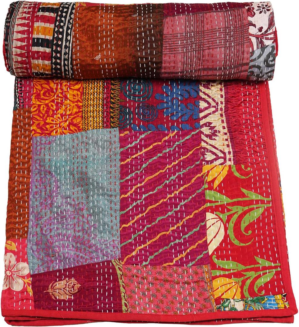 Marubhumi Handmade Cotton Quilts Kantha Blanket Indian Silk Sari Patchwork Quilts (Red, Baby (40"x 60"))
