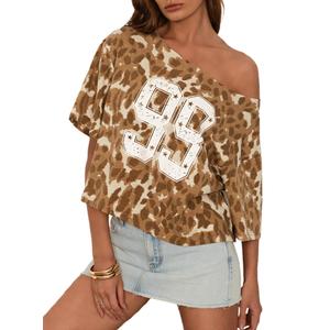 CSDAJIO Women's Leopard Short Sleeve One Off The Shoulder Oversized Crop Top Graphic Cropped Tee Loose T Shirt 99 Leopard Brown Medium (Brown, M)