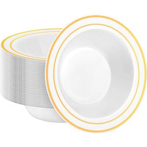 50 Pack Disposable Soup Bowls with Gold Rim, 12oz Premium Heavy Duty Plastic Dinner Bowls for Party, Wedding and Holiday