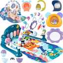 Baby Play Mat Gym, Funny Play Piano Tummy Time Activity Mat with 5 Infant Sensory Toys, Music and Lights, Boy & Girl Gifts for Newborns 0 to 3 6 9 12 Months (Blue)