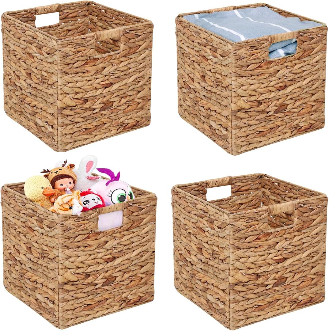 Storage Baskets 11x11 Inch Cube Baskets 4 pcs Baskets, Foldable Handwoven Water Hyacinth Laundry Organizer, Cube Storage Baskets