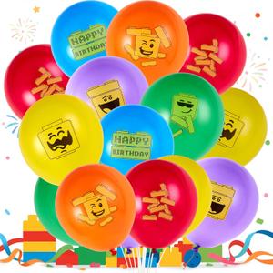 SUNBEAUTY 18 Pcs Building Block Party Balloons Brick Theme Birthday Supplies Decorations Brick and Block Signs 