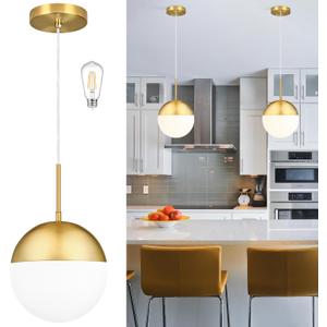 10 Inch Gold Mid Century Modern Pendant Light Pendants for Kitchen Island Frosted Milky White Glass Globe Height-Adjustable Modern Hanging Globe Pendant Light for Bedroom Foyer (Bulb Incl)