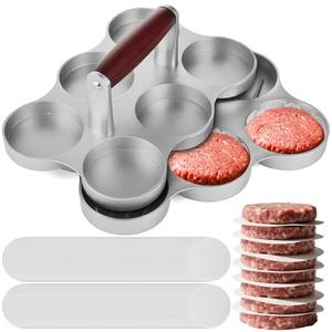 CODOHI Mini Burger Press Small Meat Patty Maker with 300 Patty Papers Round Shape Press Patty Maker for Mini Hamburger, Barbecue, Picnic, Camping, Six 2.64-inch molds (6 Slots+300 Patty Papers)