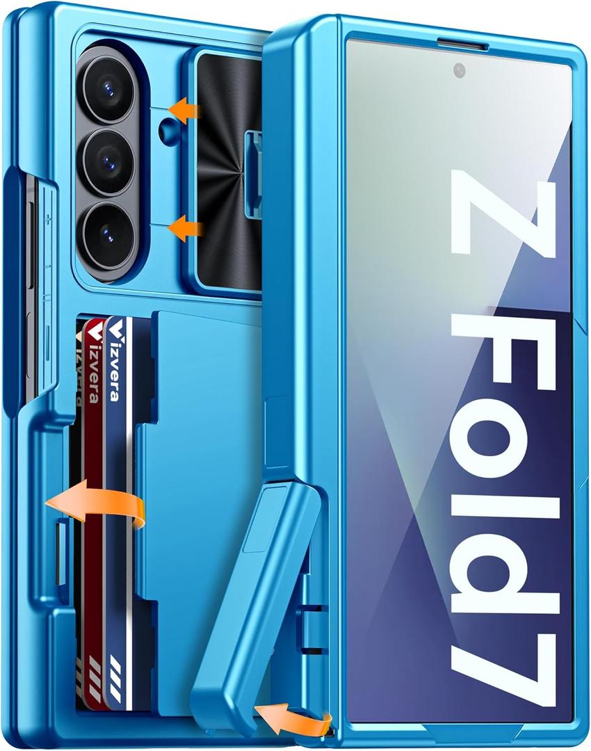 Vizvera for Samsung Galaxy Z Fold 7 Case RFID Wallet with Cards Holder[Kickstand][Camera Cover] Shockproof Silicone Protective Phone Case for Z Fold 7 2025-Lake Blue