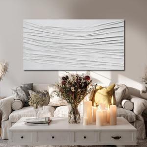 White Textured Abstract Wall Art Canvas 24x48 Inch, Hand Painted Minimalist Neutral 3D Plaster Style Artwork for Living Room Bedroom, Modern Large Canvas Wall Decor, Gallery Wrapped Ready to Hang
