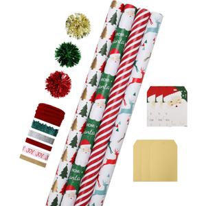 LaRibbons Christmas Wrapping Paper Sets, Reindeer & Santa & Candy Cane Stripes Design with Ribbons & Gift Tags & Metallic Pom Pom for Christmas, Holiday, 30Inch  10Feet 4 Rolls: 100 Sq.Ft.Ttl