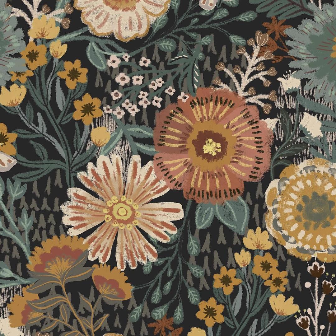 Dimoon Boho Retro Wallpaper Peel and Stick Wallpaper Vintage Floral Contact Paper 17.3''x393'' Dark Black Bohemian Removable Wall Paper Renter Friendly Waterproof Wall Mural Bedroom Bathroom Vinyl