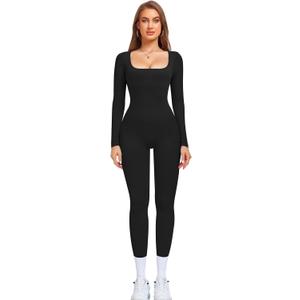 OLCHEE Womens Long Sleeve Workout Jumpsuit Square Neck Ribbed Seamless Yoga Romper Sexy Bodycon Tummy Control Unitard Onesie (S)