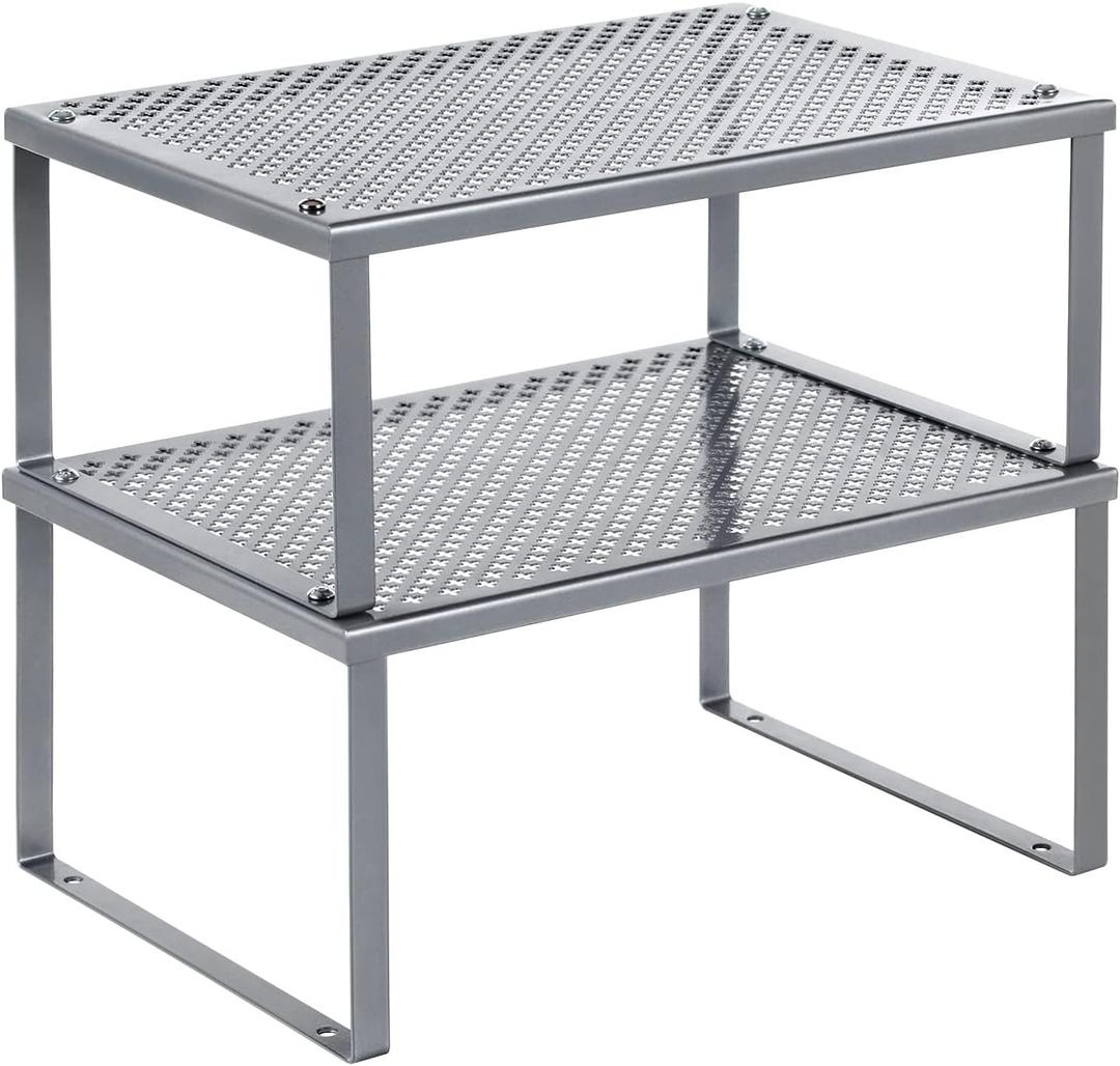 SONGMICS Spice Racks, Set of 2 Metal Cabinet Shelf Organizers, Countertop Organizers, Shelf Risers, Stackable, Expandable, Silver UKCS01SV (12.6"W(9"D), 2 Tiers)