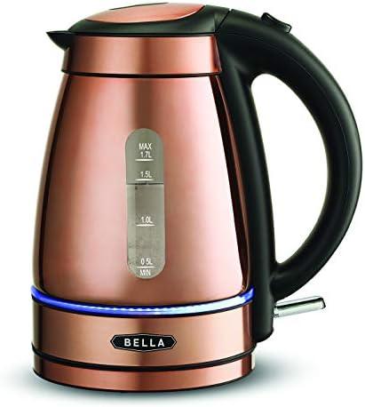 BELLA 1.7 Liter Electric Illuminated Glass Kettle, Quickly Boil Water for Tea, Coffee, Instant Soup and More, Safely Pour with Automatic Shut Off & Detachable Swivel Base, Chrome/Copper Finish