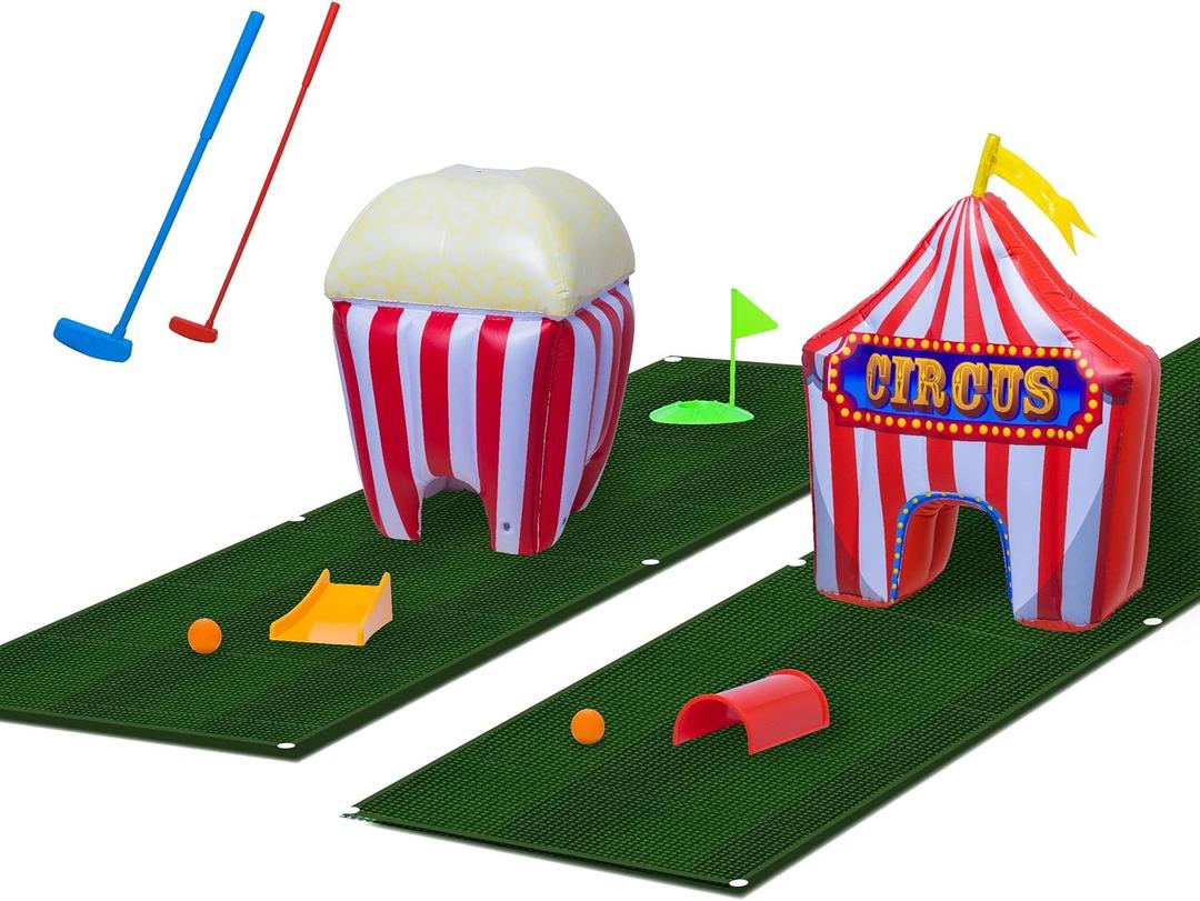 FunPark Inflatable Mini Golf Set  13-Piece Course with Adjustable Clubs, Balls, Putting Cups, Green Mats and Themed Obstacles for Indoor or Outdoor Play, Active Game for Boys ANG Girls, Ages 6+