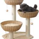 SHENGOCASE Cat Tree Tower with Rattan Wicker Basket, 3 Handwoven Large Nest Baskets Bed, Window Perch for Large Cats up to 20LBS
