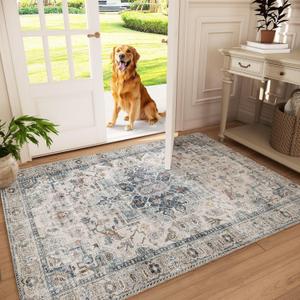 Machine Washable Throw Rugs for Entryway: Door Mat Indoor Entrance 3x5 Small Rug Stain Resistant Non-Slip Low Pile Soft Carpet for Kitchen Front Door Indoor Entry Bathroom Bedroom (Blue and Cream)