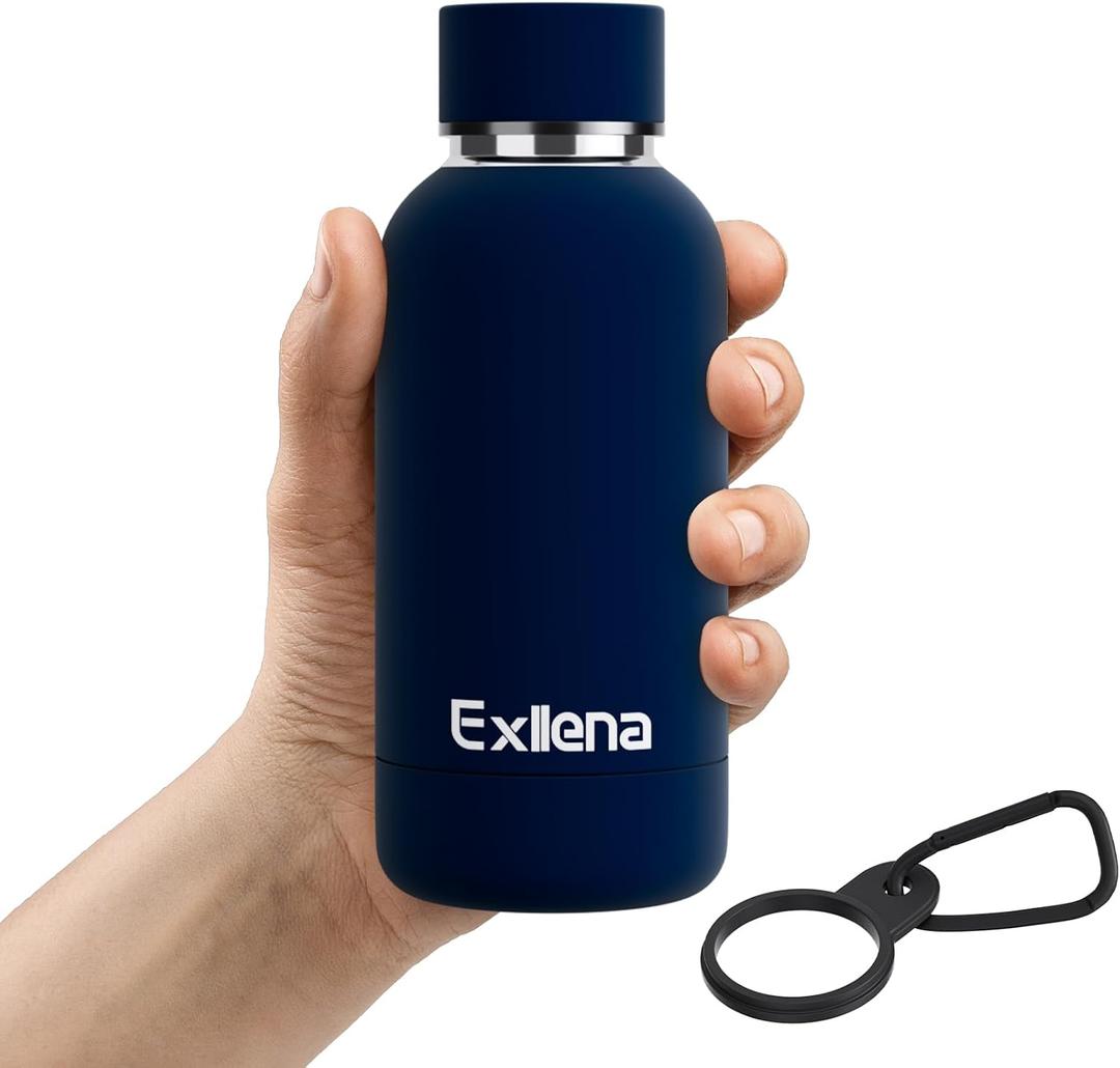Exllena Small Water Bottle 12oz with Clip, Double Wall Stainless Steel Vacuum Small Insulated Water Bottle Keeps Drinks Cold 24 Hrs/Hot 12 Hrs for Kids Handbag School BPA Free (Navy Blue)