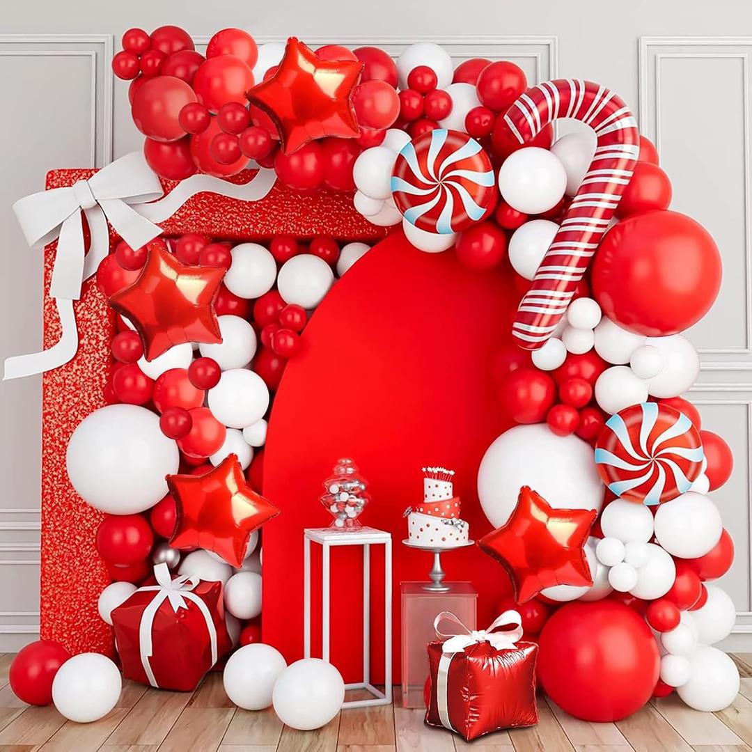 HOUSE OF PARTY Christmas Balloons Garland Kit | Red and White Christmas Balloons Arch Kit with Candy Cane and Gold Star Foil Balloons for Xmas Party Decoration