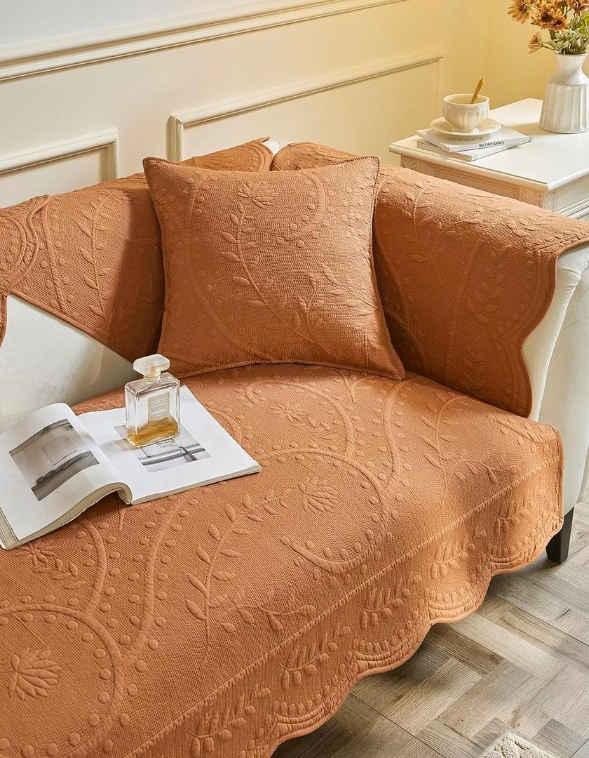 vctops Cotton Quilted Couch Cover Floral Leaves Embroidery Sofa Cover Non Slip Sofa Slipcover for Dogs Cats Kids Loveseat Recliner L Shaped Armrest Backrest (Orange,36"x94")